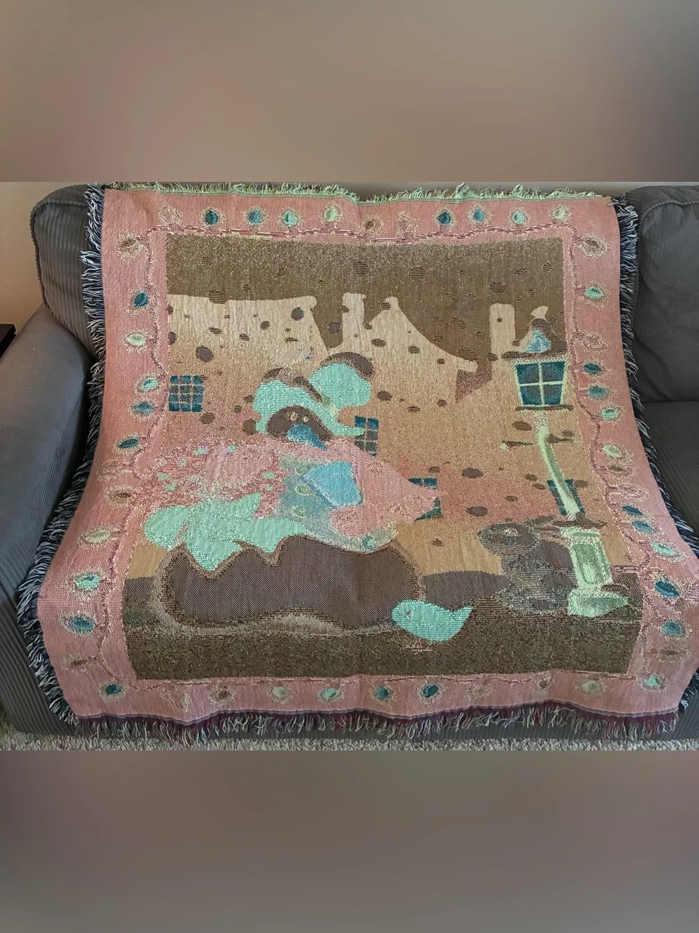 Vintage Tapestry Christmas Snowman Holiday Throw Blanket Bunny Tassels Bird